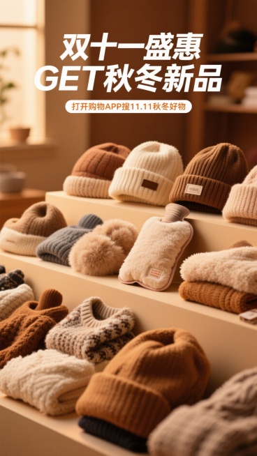 画面展示多种秋冬商品（如暖水袋、毛衣、帽子等）底部搜索框文案“打开购物APP 搜11.11秋冬好物”，主标题有设计感，突出文案“双十一盛惠GET秋冬新品”预览效果