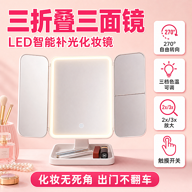 [主图-1] 首图主视觉，展示三折叠三面镜LED化妆镜整体外观和核心卖点，拼多多电商风格大字醒目。
[统一基调] 整体风格：拼多多电商风格，大字醒目卖点直白性价比感强；背景主色：浅粉米色渐变背景，温馨美妆氛围；标题字色：玫红色主标题，深灰色辅助文字；强调色：亮玫红色；字体样式：粗体非衬线字体，醒目有力；字号层级：主标题超大号粗体，卖点文案中号，说明文字小号；卡片样式：圆角白色卡片，粉色柔和阴影；图标样式：简约粉色填充图标。
[画面] 产品居中偏下位置，三面镜完全打开状态，正面视角略微仰视，LED灯带亮起暖白光，左右侧翼镜展开约45度，主镜清晰，底座收纳槽可见。产品占画面约60%。背景为浅粉米色渐变，左上角有超大号玫红色主标题文字"三折叠三面镜"，下方一行稍小白色描边深粉色字"LED智能补光化妆镜"。画面右侧竖排4个圆角白色小卡片，分别配图标和文字："270°自由转向"、"三档色温可调"、"2x/3x放大"、"触摸开关"。底部有玫红色圆角标签"化妆无死角 出门不翻车"。
[光影质感] 商业摄影质感，主光从左前方打来，镜面有柔和反光，LED灯带发出均匀暖白光，底座有自然接触阴影，产品边缘清晰不悬浮。
[配色] 浅粉米色背景为主，玫红色标题和强调，白色卡片，深灰色说明文字，整体温馨明亮。
[文字版式] 主标题在左上超大号粗体玫红色，右侧卖点卡片竖排对齐，底部标签居中，文字均放在负空间不遮挡产品主体。
[输出要求] 1:1比例，文字清晰可读，产品清晰完整，禁止变形、错字、模糊、杂乱、水印、平台Logo、悬浮、穿模。