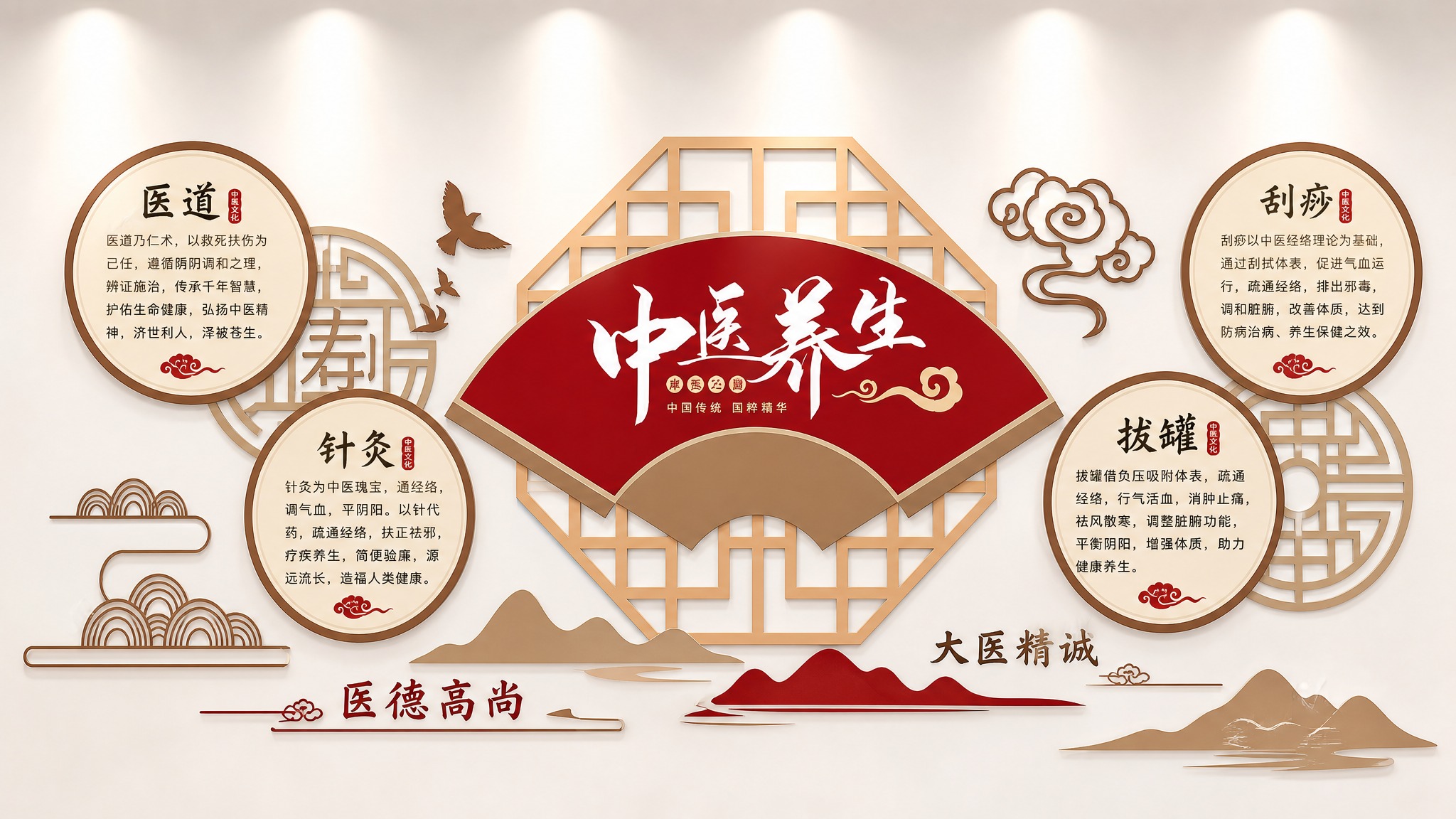 参考图版式复刻，中医养生文化墙横版设计，新中式国潮风格。画面中… - 图片创意预览