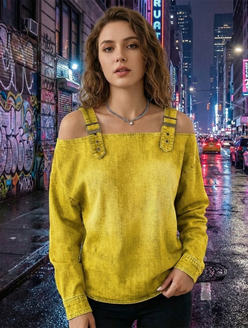 将人物替换为欧美女性，背景改为都市街头潮酷场景，保持衣服样式和形状不变预览效果