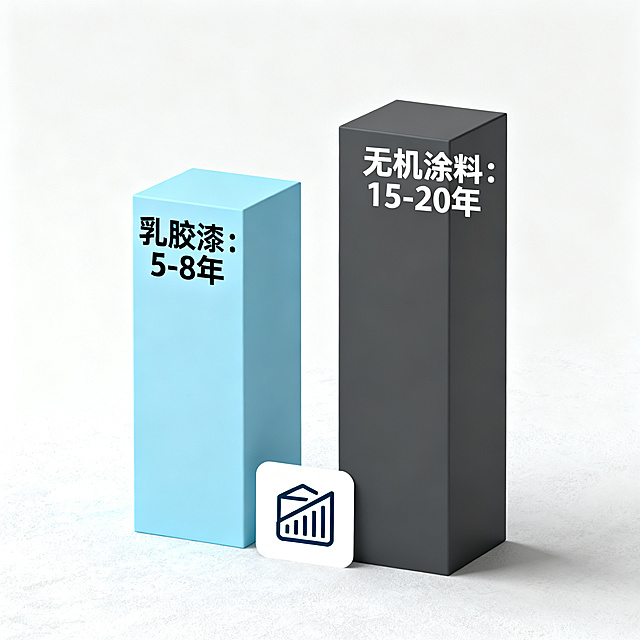 使用寿命对比图表，清晰展示乳胶漆耐用年限5-8年对比无机涂料15-20年，用简洁柱状图或图标可视化呈现成本换算，理性克制的专业图表风格，数据清晰直观