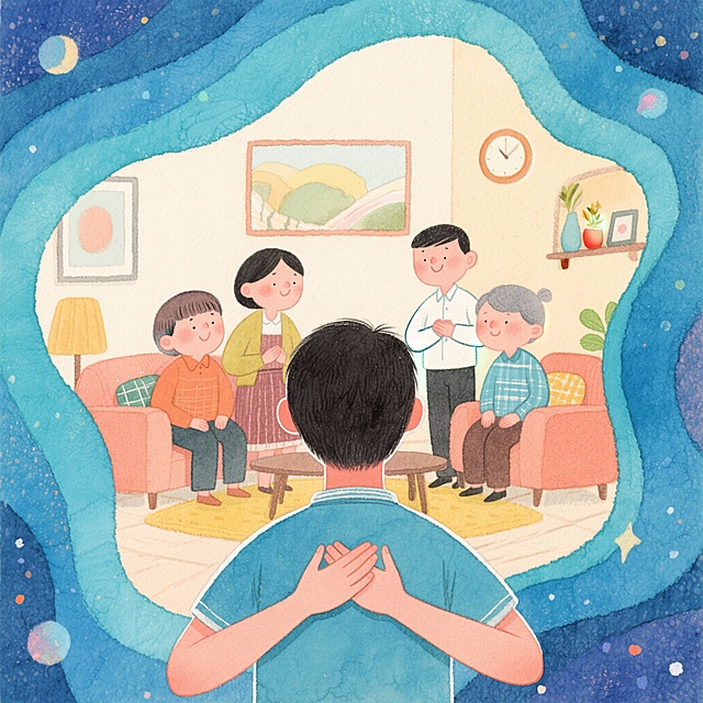 【情绪智慧】想发火时先转身，冷静十秒再开口与家人发生争执时，如果感到怒火上升，尝试转身离开现场10秒钟，深呼吸几次。这个短暂的停顿能避免说出伤人的话，让沟通回到理性轨道。根据以上内容，出一个插画，图上不需要文字