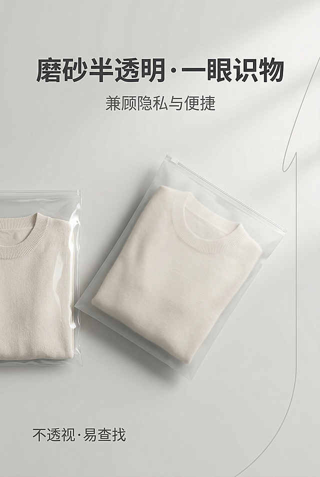第3屏：磨砂半透明卖点可视化呈现，严格还原上传产品参考图，精准复刻包装设计、产品配色、LOGO位置及比例、文字内容及字体、图案元素及细节，无任何偏差，色彩无失真；产品与画面中其他物体的比例遵循真实物理空间逻辑，视觉协调，比例还原1:1，杜绝比例失衡、视觉突兀；高级简约风格，莫兰迪灰为主色调，辅助色为米白色、浅灰色，饱和度30%，明度80%，柔和自然光从画面右侧45°入射，突出袋身磨砂质感，光影过渡自然；主标题"磨砂半透明·一眼识物"位于画面上1/3居中，字体为简约无衬线体，字号32px，颜色深灰色，加粗；副标题"兼顾隐私与便捷"位于主标题下方8px处，居中，字体为简约无衬线体，字号18px，颜色中灰色；画面中轴线上放置1个中号磨砂收纳袋，袋身呈45°倾斜摆放，内部装入浅米色毛衣，透过磨砂袋身可清晰看到毛衣轮廓，但不透视细节，体现半透明特性；收纳袋左侧放置1个透明塑料袋对比用，内部装入同款毛衣，突出磨砂袋的隐私保护优势；画面底部居左标注简约文字"不透视·易查找"，字体为简约无衬线体，字号16px，颜色中灰色；画面留白40%，右侧点缀1条浅灰色装饰线条，粗细2px，从顶部延伸至中部，不遮挡核心元素；整体突出磨砂半透明的核心优势，视觉对比明显，让用户直观感受卖点价值，高清300dpi，无模糊、无噪点