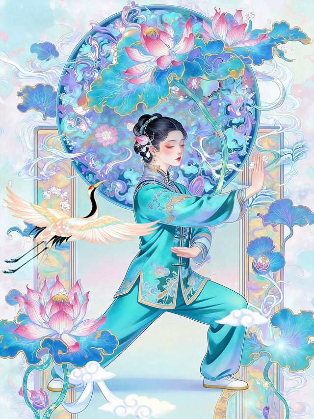 参考图片的国潮插画风格，绘制一位东方女子正在打太极拳，非物质文化遗产太极拳主题，整体配色青蓝色搭配粉色，画面包含祥云、仙鹤、荷花等中式国风元素，线条细腻，色彩渐变，水彩质感，精致描边，氛围感拉满
