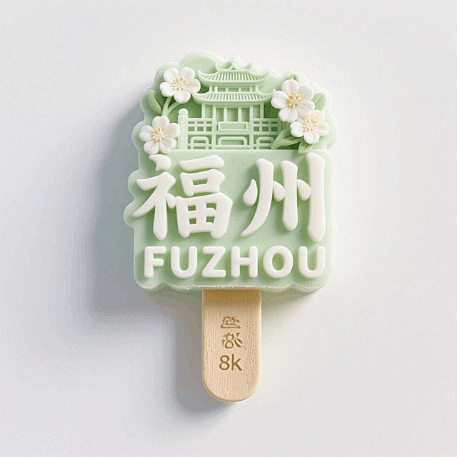 文创雪糕，画面主体为“福州 FUZHOU”，立体古建筑、茉莉花元素装饰，浅绿色