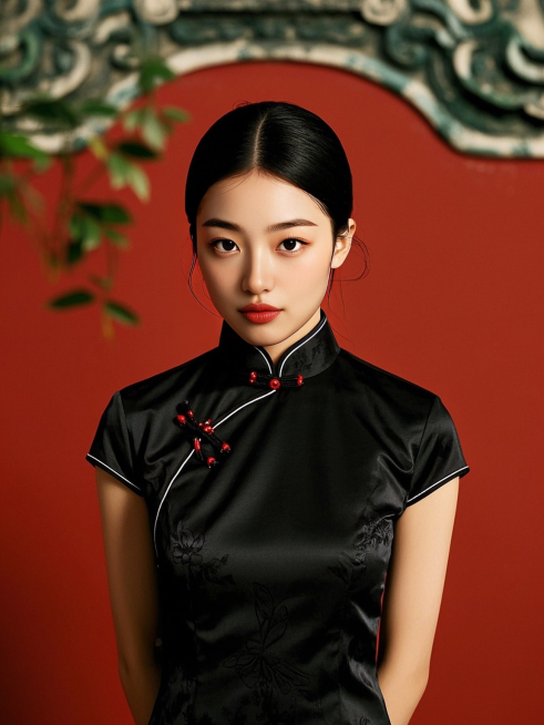 一个女生，工作形象照，黑色旗袍，红色背景，新中式预览效果