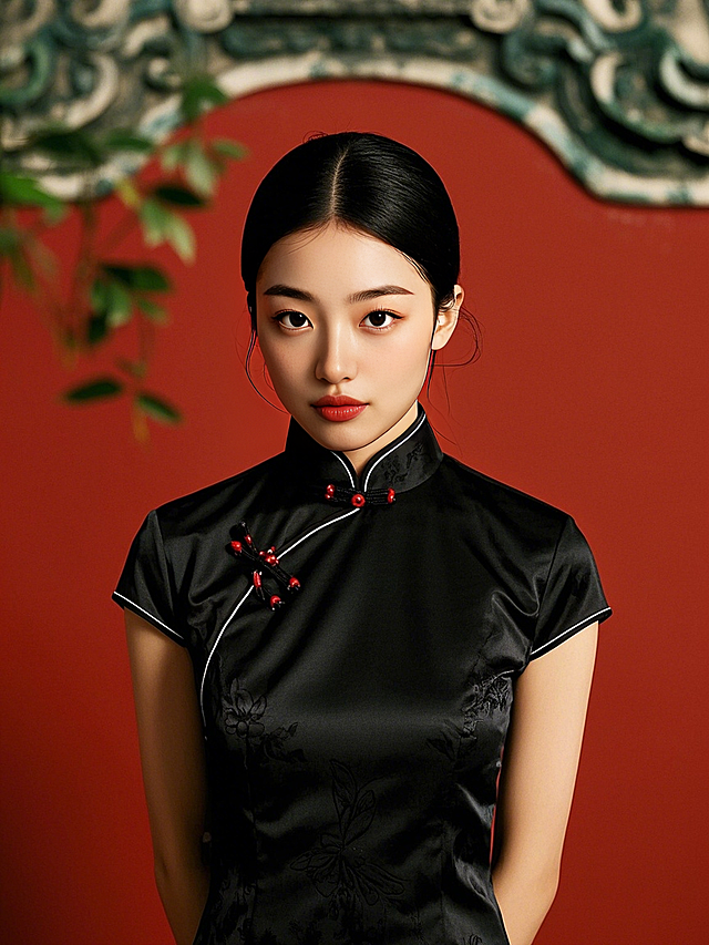 黑旗袍工笔绣花，红墙映衬，中式复古优雅，国潮风韵十足。