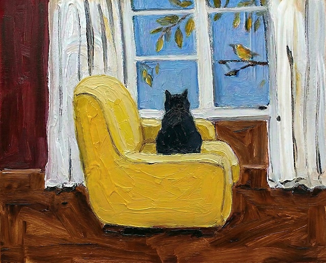 让沙发缩小10%，猫咪大小不变，地板改为棕色