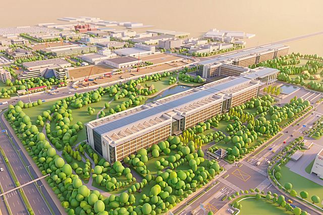将图片中的建筑改成C4D风格，萌萌哒可爱风格，保持整体布局和场景结构不变