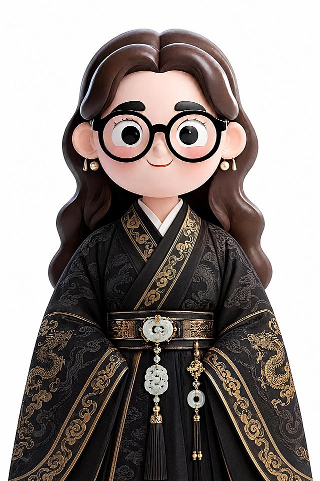 保持这个戴黑框眼镜的卡通女老师的脸部、发型和整体3D卡通风格完全不变，给她换上秦始皇时期的贵族女性服饰：黑色为主的深衣制长袍，右衽宽袖，衣缘绣有金色云纹和龙纹暗花，腰间系宽腰带并挂玉绶和佩饰，整体庄重典雅，体现秦朝尚黑的风格。白色背景，正面半身像，细节精致。