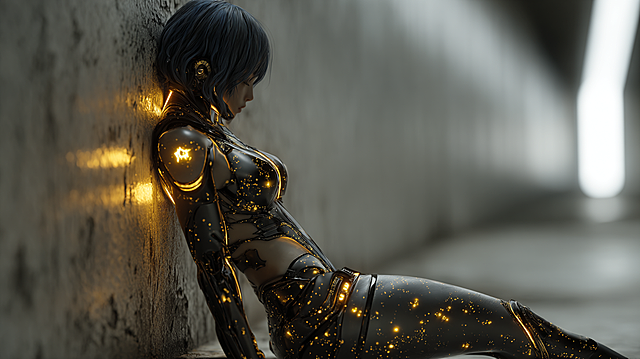 3D CG render, dark gorgeous aesthetic, black gold high contrast, female anime slim silhouette, full body, cyber mecha suit with lace joints, star trail runes on armor, leaning against metal wall, neon gold light spots, 8K ultra-detailed --ar 4:5 --style raw --s 250