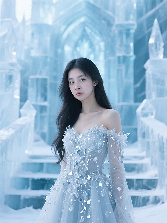 冰晶质感的哥特风城堡中，少女身着梦幻水晶礼服，玻璃风与虚拟现实交织，清透柔美，尽显优雅奢华的浪漫意境。