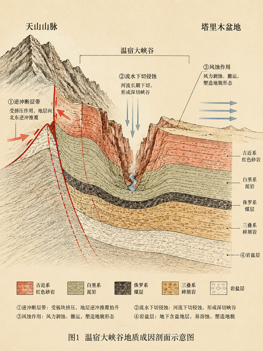 学术手绘风格的地质剖面示意图，3:4竖版构图，展示温宿大峡谷的… - 图片创意预览