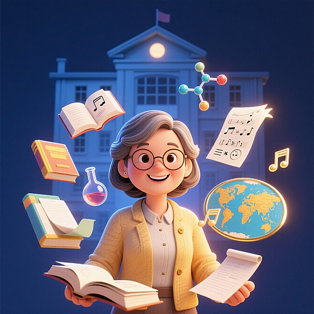 卡通感插画风，轻拟物设计，展现知识与音乐的融合，背景为夜色中的学校建筑。