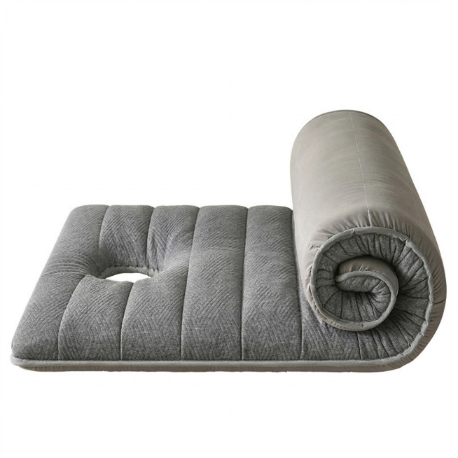 将图中的手去掉，补全灰色乳胶床垫产品，替换为纯白色背景，保留产品完整形态预览效果