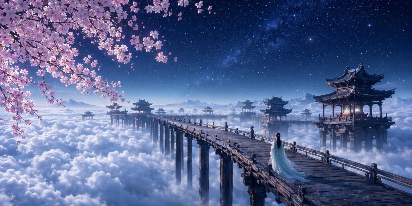 横向纵深广角构图，前景巨型高架风化实木长桥横贯画面，桥面平整延… - 图片创意预览