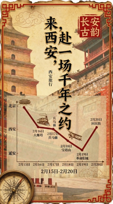 为海报添加复古装饰元素：中式回纹边框、红色篆刻印章、复古指南针，背景换成带云纹暗纹的复古纸张纹理，边缘做旧处理预览效果