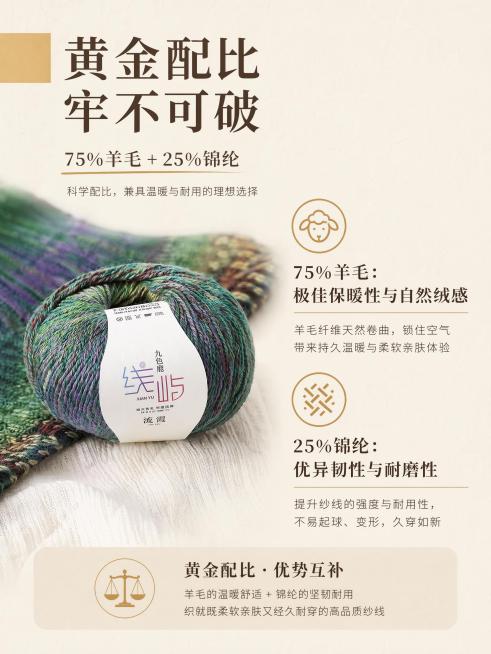 [第3屏] 黄金配比材质解析页，讲解75%羊毛+25%锦纶的优势。本屏使用【图1】展示产品主体。
[标题版式] 标题居左，色块点缀，图标配合卖点，字重区分层级，整体简约整洁。
[氛围/风格] 专业解析预览效果