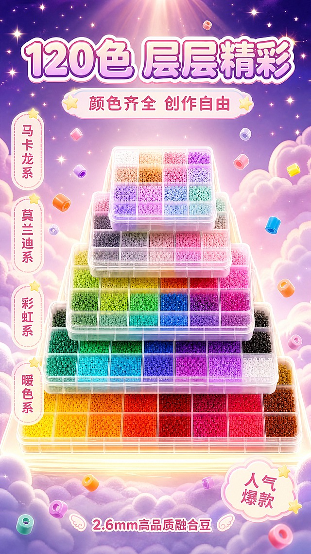 [商品] 使用第二套色塔主图和拼豆色板图；保留120色拼豆色板外观颜色形态 色塔堆叠展示风格
[画面] 页面目标 色号展示 120色丰富配色展示 颜色齐全。构图 竖版9:16 上方标题 中间色塔堆叠式展示120色拼豆色板 层层堆叠成金字塔 底部大色板 顶部小色板 周围漂浮拼豆颗粒 下方色号说明。景别 全景 色塔正面展示 前中后景 前景漂浮拼豆颗粒 中景色塔 后景紫粉星空渐变
[视觉] 套系策略：风格=马卡龙紫粉梦幻治愈风；标题字=圆润可爱粗黑体 粉紫渐变描白边；正文字=圆润无衬线体 深粉色；主色=深紫粉渐变；背景延展=基于深紫粉色做深浅层级 星空渐变 星星闪光；强调色=鹅黄色 仅用于星光 推荐标签；标题色=粉紫渐变描白边；正文色=深粉色；组件=云朵形推荐标签 色系分类标签；光影=底部向上打光+顶部聚光 色塔每层有层次感 立体感强 整体梦幻闪耀
[文字] 顶部大标题「120色 层层精彩」 副标题「颜色齐全 创作自由」 左侧标注色系分类 暖色系 彩虹系 马卡龙系 莫兰迪系 底部小字「2.6mm高品质融合豆」 右下角云朵标签「人气爆款」 所有文字横排
[规格] 比例9:16竖版 1080x1920 4K 负向 变形 错字 模糊 杂乱 水印 平台Logo 绝对化用语 冷蓝灰背景 颜色失真