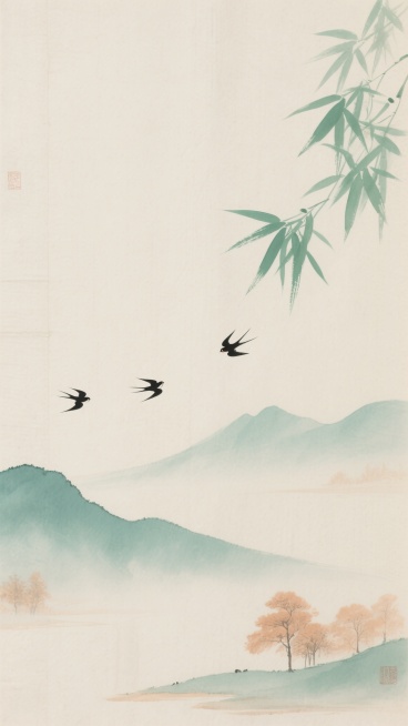 中国传统水墨风格背景素材，淡雅米色宣纸纹理，右上侧飘逸的青绿色竹叶，笔触细腻柔和，远山以淡青绿色渲染，层次朦胧，山脚点缀浅赭石色树木，三只黑色飞鸟呈斜线排列于中下部天空，整体色调清新雅致，意境悠远宁静，留白充足，具有古典东方韵味，适合作为文化、艺术相关主题的背景。预览效果