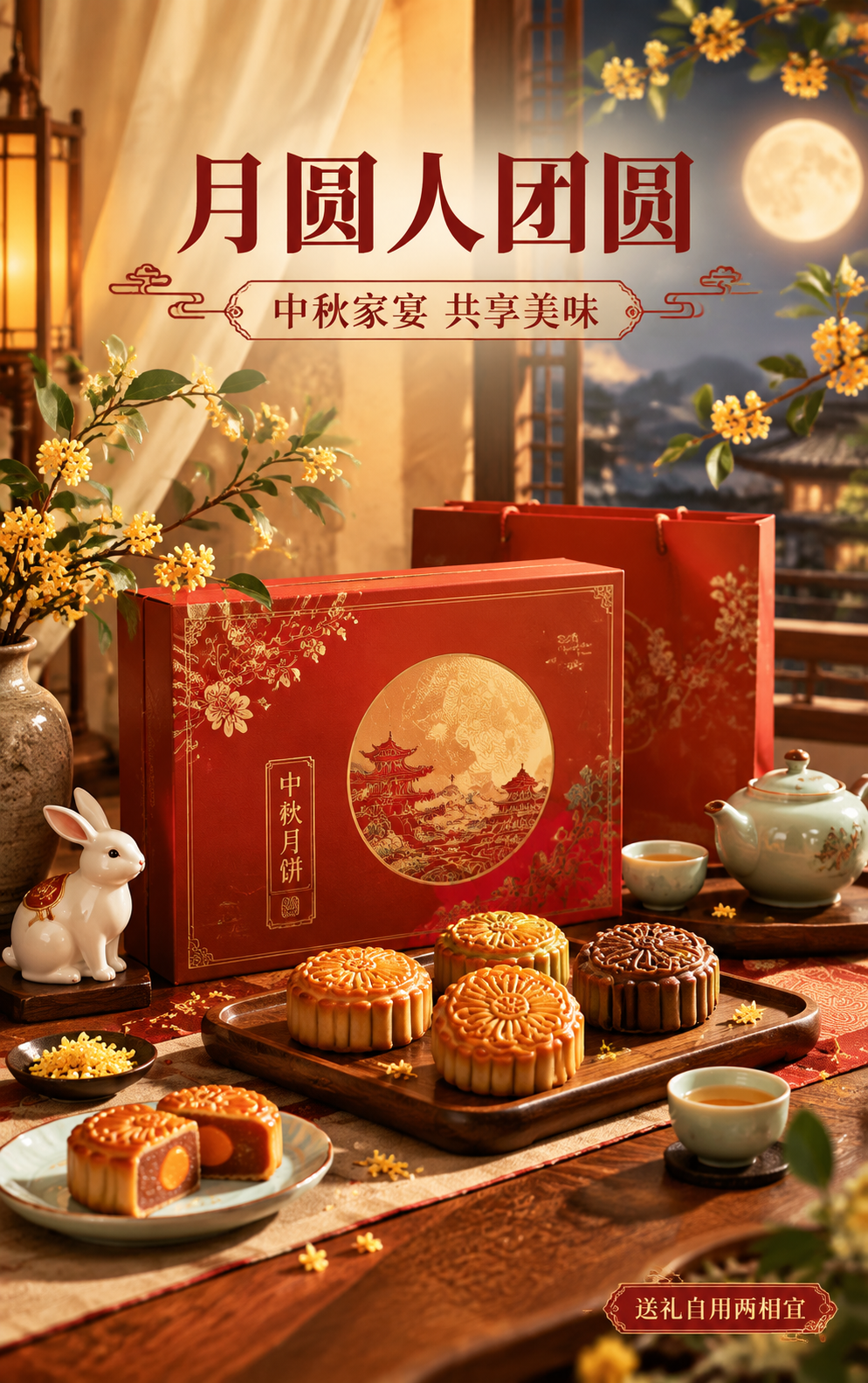 [商品] 中秋月饼礼盒及多口味月饼，朱红烫金礼盒，月饼有精致花… - 图片创意预览