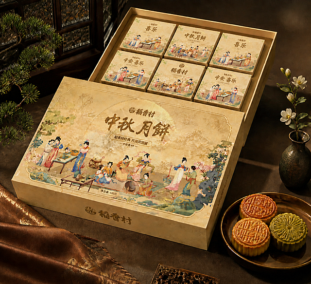 在原图基础上，将礼盒内六个独立月饼包装的封面分别替换：image2、image3、image4各放两个，直接将新封面贴进去，保持原图整体构图、颜色、光影和透视角度不做任何修改，不改变新封面的颜色