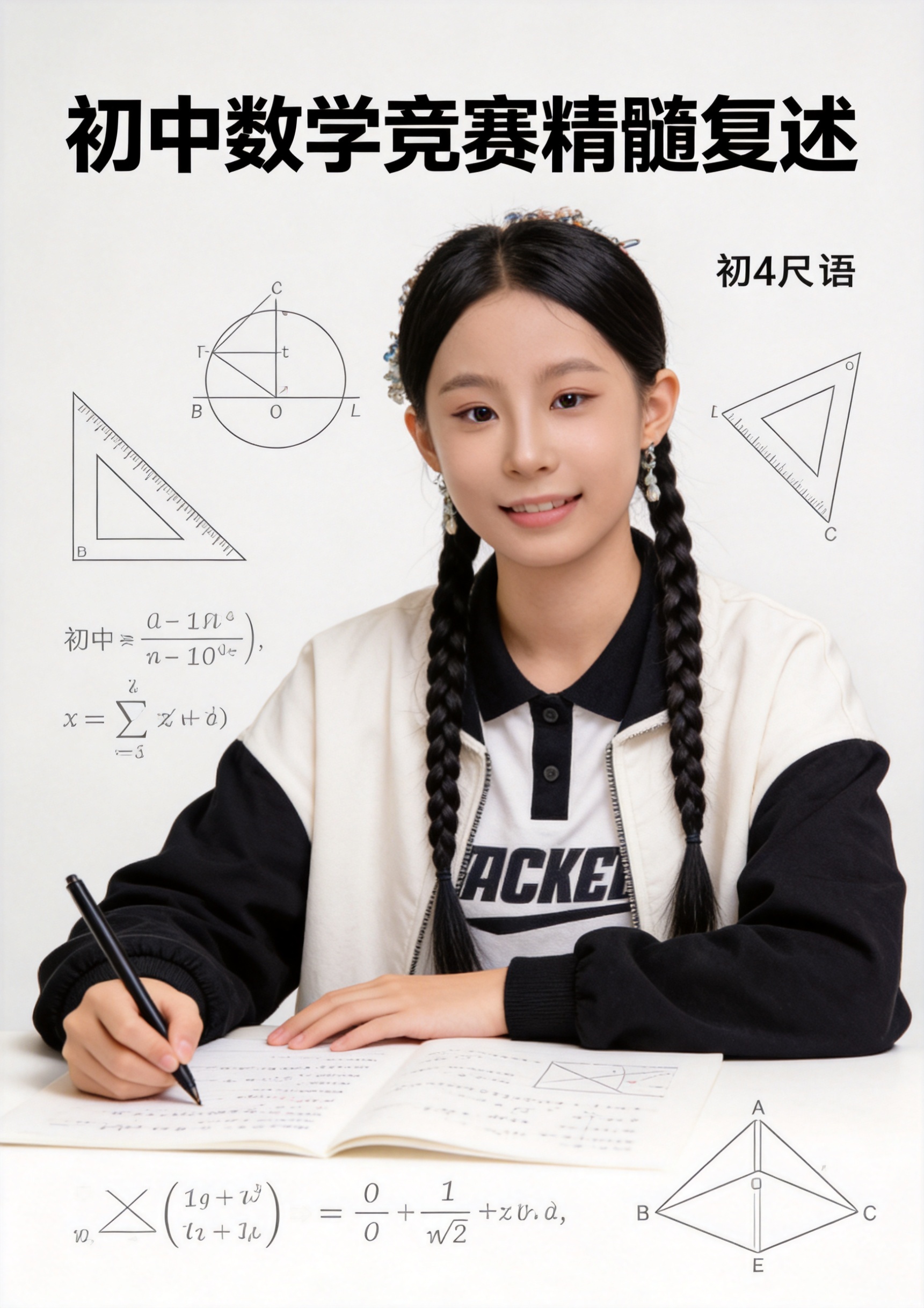 根据原照片的女孩五官生成A4尺寸的书籍封面，主题是“初中数学竞… - 图片创意预览