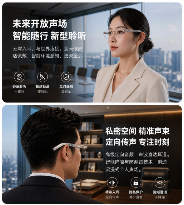 参考当前图片的排版结构和所有文字内容，保持商务科技风格不变。更换不同的模特和场景：上方换一位不同的亚洲女性模特，场景换为靠窗的会议室；下方换一位不同的亚洲男性模特，场景换为CEO办公室。严格保留当前眼预览效果