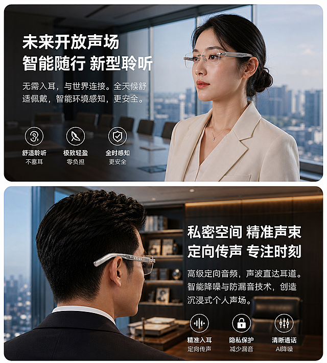 参考当前图片的排版结构和所有文字内容，保持商务科技风格不变。更换不同的模特和场景：上方换一位不同的亚洲女性模特，场景换为靠窗的会议室；下方换一位不同的亚洲男性模特，场景换为CEO办公室。严格保留当前眼镜的正确样式：较小的无框透明镜片、银色金属镜架、带FCC CE标识的镜腿细节不变，所有配图要求写实风格，无任何AI痕迹。
