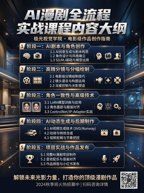 我是做AI漫剧培训机构的，帮我出一套小红书的图，比例是3:4，第一张封面突出：AI漫剧就业培训班，0基础速成大师，后面1张是AI漫剧课程内容大纲，以及1张作品集，风格是大气的好莱坞大片风格，颜色为高级预览效果