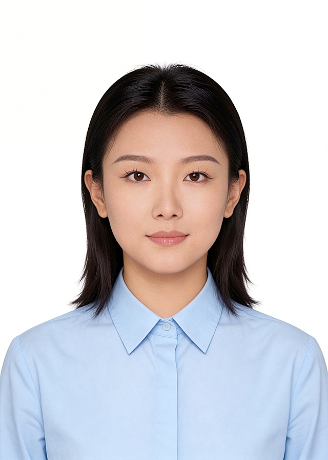 保留第一张图中人物发型、脸型、年龄特征生成标准样式纯正面证件照；人物主体严格居中，头部缩小8%，增加头顶留白到15%，完整保留露出头顶全部头发，不裁切头顶；头部大小与位置严格对齐第二张图，双肩水平平衡，面部中轴线对齐画面中心，正视前方；标准证件照构图，人物绝对居中；头顶上方距离上边缘高度15%，下巴距离画面下边缘高度30%，人物主体占比约60%；肩部平展与画面水平轴平行；头部占比严格对齐第二张图；提亮肤色，消除暗沉，清透裸妆，隐形毛孔，均匀肤色，唇色自然提亮；肤色白皙细腻，轻透裸妆+微微提亮；底妆轻薄服帖；淡妆：极细内眼线，唇色微微润泽；眼神澄澈，看向镜头，气质自信，嘴角微微上扬表情自然；耳廓可见度一致；肩部平展，肩线与画面水平轴平行；头肩比例协调呈现；免冠，不戴帽子，无头饰，不戴眼镜，无胡子，面部无痣，去除夸张配饰；身着浅蓝色棉质纯色翻领蓝色衬衫，正装款式，长袖正式衬衫；柔和正面顺光均匀柔光，面部明亮无硬影，背景均匀提亮，画质清晰，零噪点降噪；面部清晰；背景亮度均匀统一；高清锐利画质，细节清晰可见；零噪点处理；色彩还原自然，均匀柔和布光，无明显阴影，面部光影干净，柔光正面打光，自然光影过渡，皮肤质感细腻，哑光质感；标准焦段50mm，纯正面，入境范围头部至胸部以上区域，F/4光圈，平视视角，正视视图；人物绝对居中，位于画面中心；严格限定标准证件照规格；视线水平；双耳对称露出，双肩水平且平衡，头部占比严格对齐垫图，禁止大头照；专业证件照质感，高清人像质感，细腻皮肤纹理，严格按照第一张图内容生成，分辨率4K；极简纯色白色背景；画面比例5:7，禁止裁切头顶，确保头顶头发完整露出，禁止额头被截，禁止超大头，禁止主体溢出画面，禁止偏头/倾斜，头顶上边距12-15%，头部高度58-62%，双眼高度56-58%，严格对齐第二张垫图