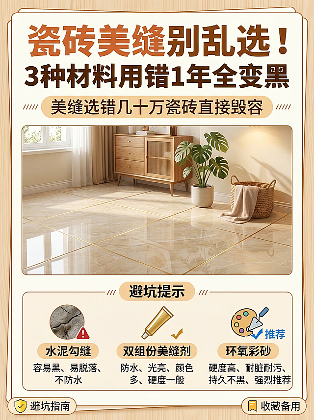 小红书家装科普海报，3:4竖版，风格简洁清晰，暖色系家居感配色，标题大字醒目："瓷砖美缝别乱选！3种材料用错1年全变黑"，下方标注小字：美缝选错几十万瓷砖直接毁容，配图是干净明亮的瓷砖美缝效果，角落有小图标示意避坑提示，整体排版清爽易读