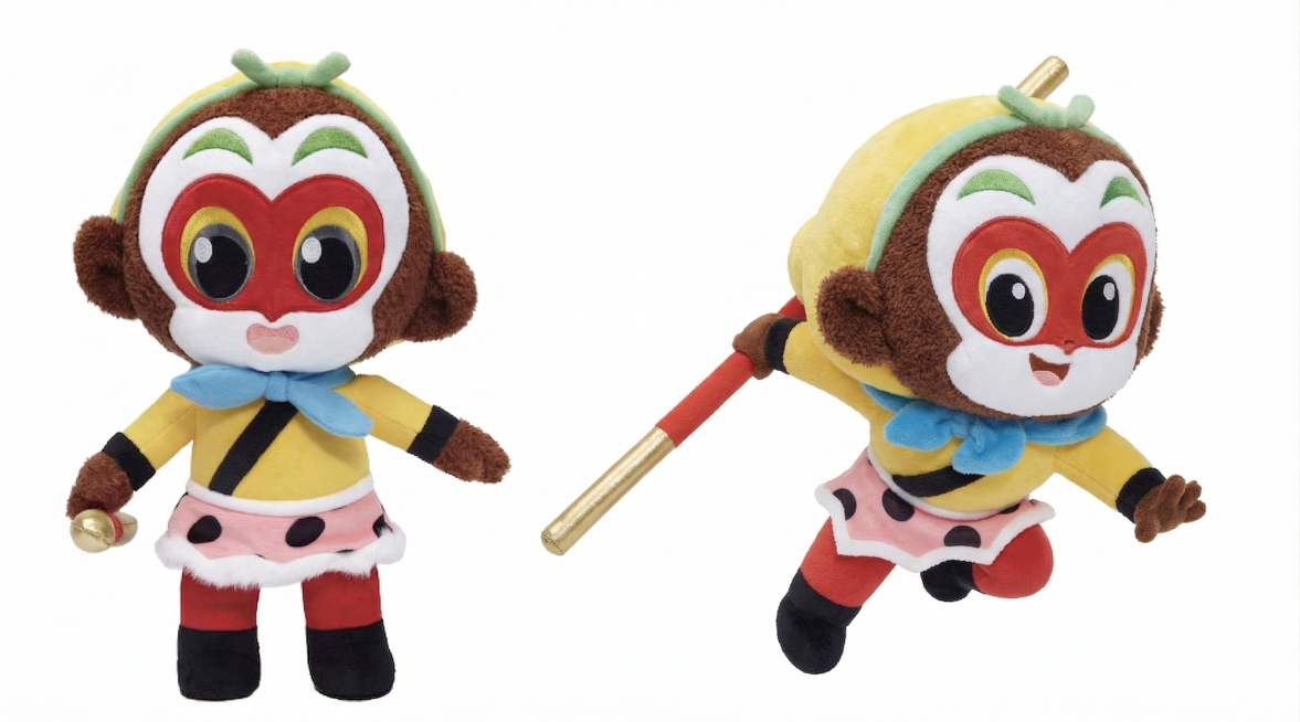 将这个孙悟空形象改成和左边一样的毛绒材质效果，保持现在的姿势、金箍棒和服装配色不变，整体做成毛绒玩偶的质感预览效果