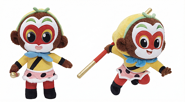 将这个孙悟空形象改成和左边一样的毛绒材质效果，保持现在的姿势、金箍棒和服装配色不变，整体做成毛绒玩偶的质感