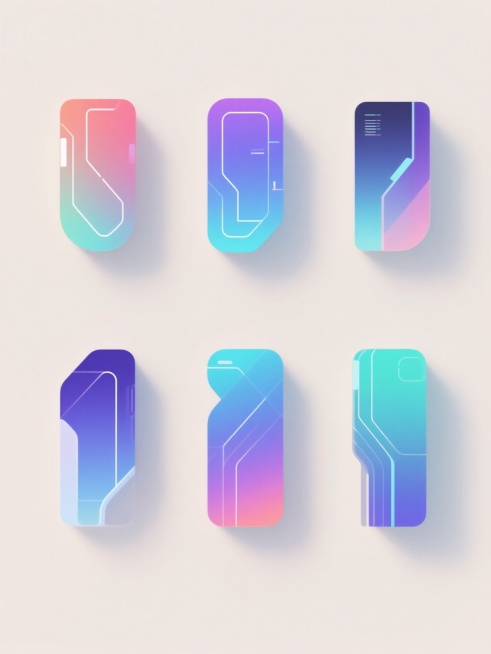 六个不同配色、不同样式、不同风格的科技类元素，以上下两行对齐排列于浅色背景之上，每个元素均采用简洁的几何线条与渐变色彩构成，整体呈现出未来感十足的视觉效果，线条流畅且富有层次感，色彩搭配明快且对比鲜明，展现出科技产品的精密与时尚感。预览效果