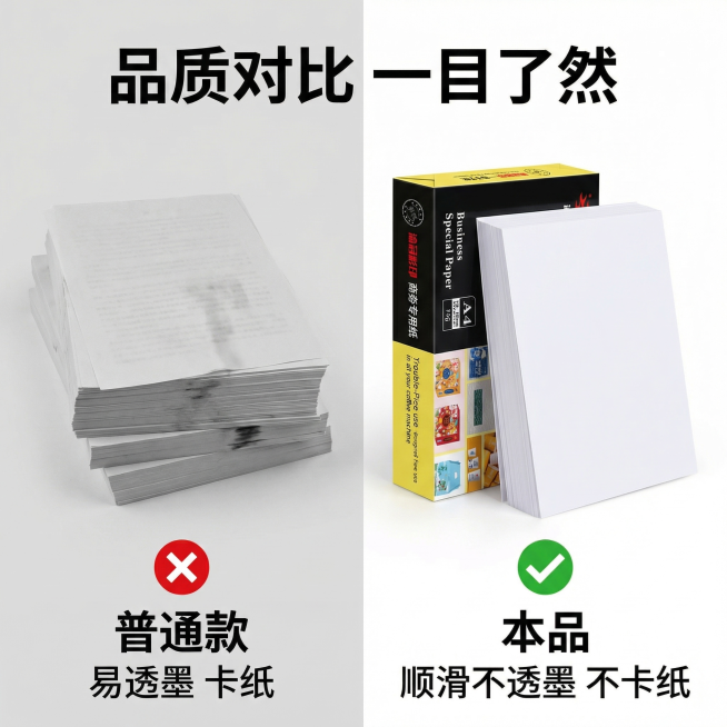 [主图 6] 本品与普通款对比展示
[氛围/风格] 直观对比，突出优势
[画面元素] 商业摄影质感、光线柔和通透、产品清晰真实、画面干净高级。画面左右分栏对比：左栏为普通款A4纸，右栏为本品渝冠彩印A预览效果
