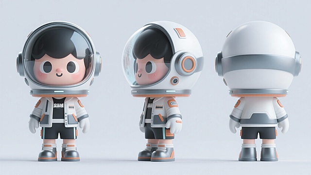 卡通潮玩，Q版，电影流浪地球驾驶员角色，巨大的头，宇航员玻璃头罩，搞怪，可爱，时尚的服饰，纯色背景