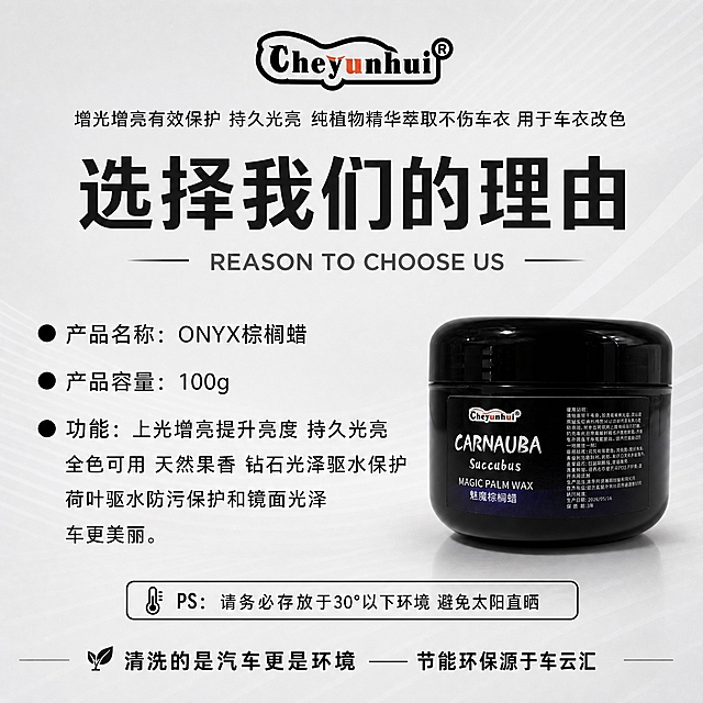 电商详情图，浅灰色暗纹背景，顶部居中品牌LOGO加文字："Cheyunhui"，下方小字："增光增亮有效保护 持久光亮 纯植物精华萃取不伤车衣 用于车衣改色"。标题大字："选择我们的理由"，下方英文："REASON TO CHOOSE US"。黑色圆点列表文字：●产品名称：ONYX棕榈蜡 ●产品容量：100g ●功能：上光增亮提升亮度 持久光亮 全色可用 天然果香 钻石光泽驱水保护 荷叶驱水防污保护和镜面光泽 车更美丽。底部小字PS："请务必存放于30°以下环境 避免太阳直晒"。最底部标语："清洗的是汽车更是环境 —— 节能环保源于车云汇"。简约商务排版，详情页参数介绍，1:1构图，文字清晰可读，排版整齐专业，汽车养护品风格