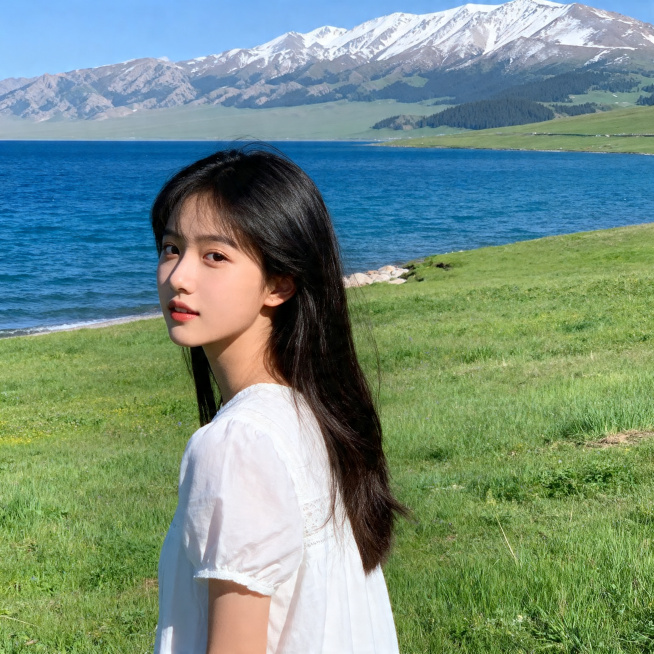 一个年轻女生站在赛里木湖湖边，远处是连绵的雪山，湛蓝的湖水波光粼粼，周围是绿色的草原，天气晴朗，阳光明媚，风景优美自然，高清写实风格预览效果