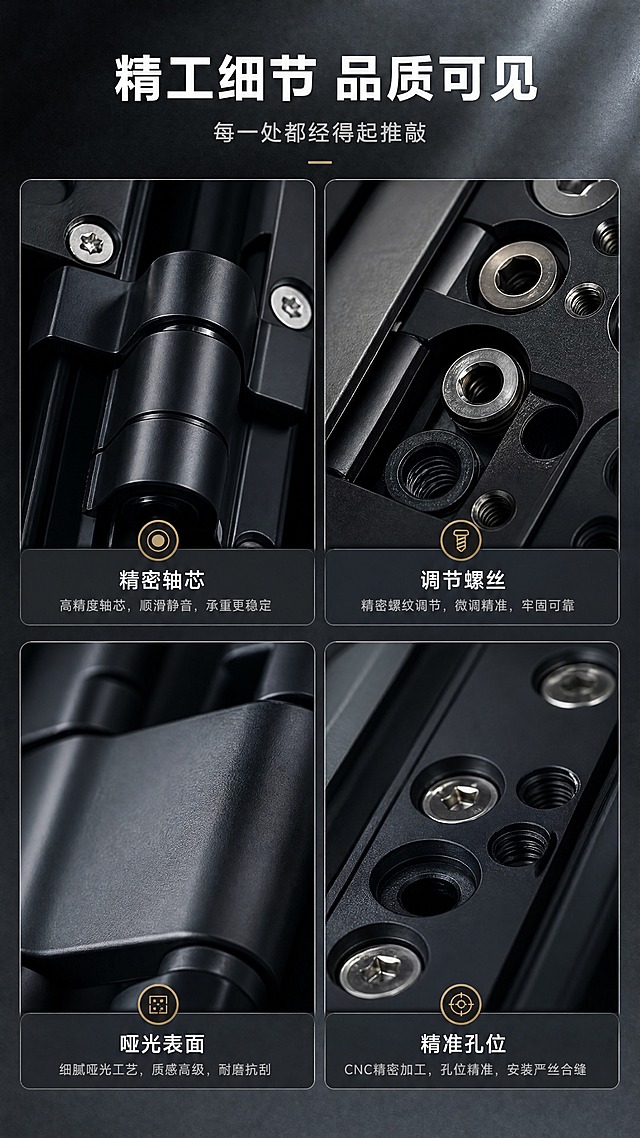 [商品] 使用【图1】黑色隐形三维可调合页；保留合页结构、黑色哑光金属材质、螺丝细节；放大展示各关键部位的精密工艺细节。
[画面] 目标：细节微距，展示4个关键部位精工品质。构图：2×2四宫格细节展示，左上为轴芯转动部位微距，右上为调节螺丝螺纹细节，左下为合页表面哑光处理工艺，右下为安装孔位精密加工；每格下方配短标签；顶部为标题区。阅读动线：顶部标题→四宫格从左上到右下依次浏览。
[视觉] 套系策略：风格=极简高级工业风商业摄影；标题字=现代无衬线粗黑体；正文字=简洁无衬线体；主色=深炭灰+哑光黑；背景延展=基于深炭灰做深浅层级渐变、细腻金属磨砂质感；强调色=香槟金，仅用于小面积图标、引线和标签点缀；标题色=纯白色；正文色=浅银灰；组件=深色半透明信息卡、细银线引线、圆角图标；光影=侧前冷硬光突出金属棱边与质感，背景柔和暗调。
[文字] 顶部主标题「精工细节 品质可见」，副标题「每一处都经得起推敲」；四宫格分别标注：精密轴芯 / 调节螺丝 / 哑光表面 / 精准孔位；每个标签下方配1行短说明。
[规格] 图片比例9:16竖版，4K分辨率，负向提示：避免变形、错字、文字过小、细节模糊、合页结构失真、暖色调背景、竖排文字。