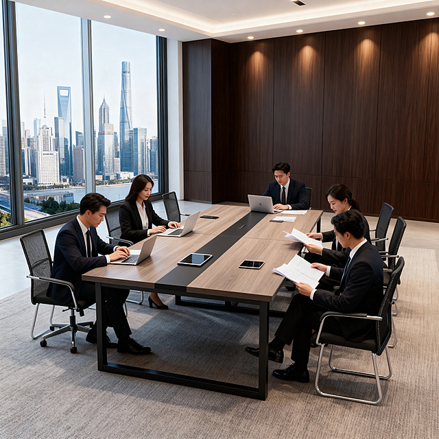 保留原图中的会议桌所有结构、材质、摆放细节不变，将背景替换为层高充足的轻奢商务会议室，墙面采用深色木饰面+嵌入式筒灯，窗外更换为城市核心CBD天际线景观，地面更换为高质感素色地毯。在会议桌周围合理分布3-4位身着正装的东亚商务人士，分别呈现操作笔记本、翻阅文件、轻声讨论的状态，人物位置避免遮挡会议桌的核心区域。采用全屋漫射柔光，画面整体明亮通透，采用三分法构图，具有前中后景层次，商业摄影质感。