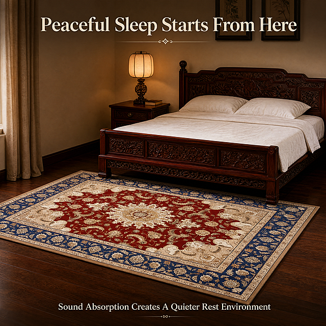 [Screen 4] Bedroom application scenario display page for Premium Area Rug. International station detail page, 15:16 vertical. Warm cozy atmosphere, realistic bedroom photography, 4K ultra HD. Display the red and blue vintage patterned rug from the third user image placed at the foot of a dark wood traditional bed, keep all original pattern colors and structure consistent with the input image. Bedroom includes dark wood frame bed with white bedding, carved wooden bedside table with fabric table lamp, warm light creates quiet comfortable atmosphere. Top title "Peaceful Sleep Starts From Here", bottom add short description "Sound Absorption Creates A Quieter Rest Environment". All English text, clear and legible, does not block the main carpet. Negative: distorted pattern, color error, blurred image, messy background, Chinese characters