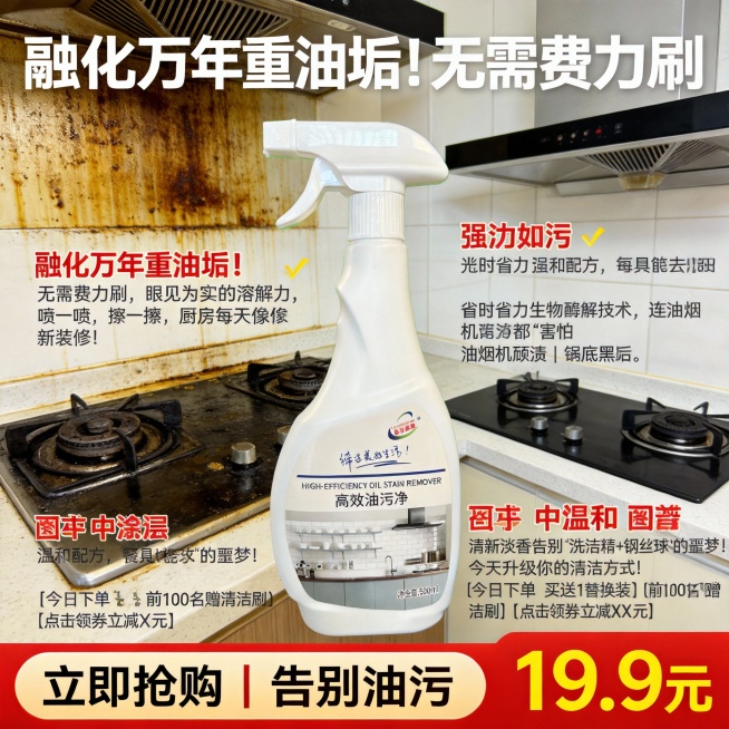 生成300张分别是100张抖音风格100张淘宝风格,100张拼多多风格不同场景的油污净电商主图，价格“19.9元”，比例1:1，文案内容:“融化”万年重油垢！无需费力刷，眼见为实的溶解力, 喷一喷，擦预览效果