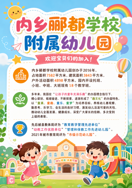 内乡郦都学校附属幼儿园创办于2016年，占地面积7582平方米，建筑面积3843平方米，户外活动面积4898平方米。园内开设托班、小班、中班、大班现有18个教学班。多年来，我园在“让孩子的童年充满预览效果