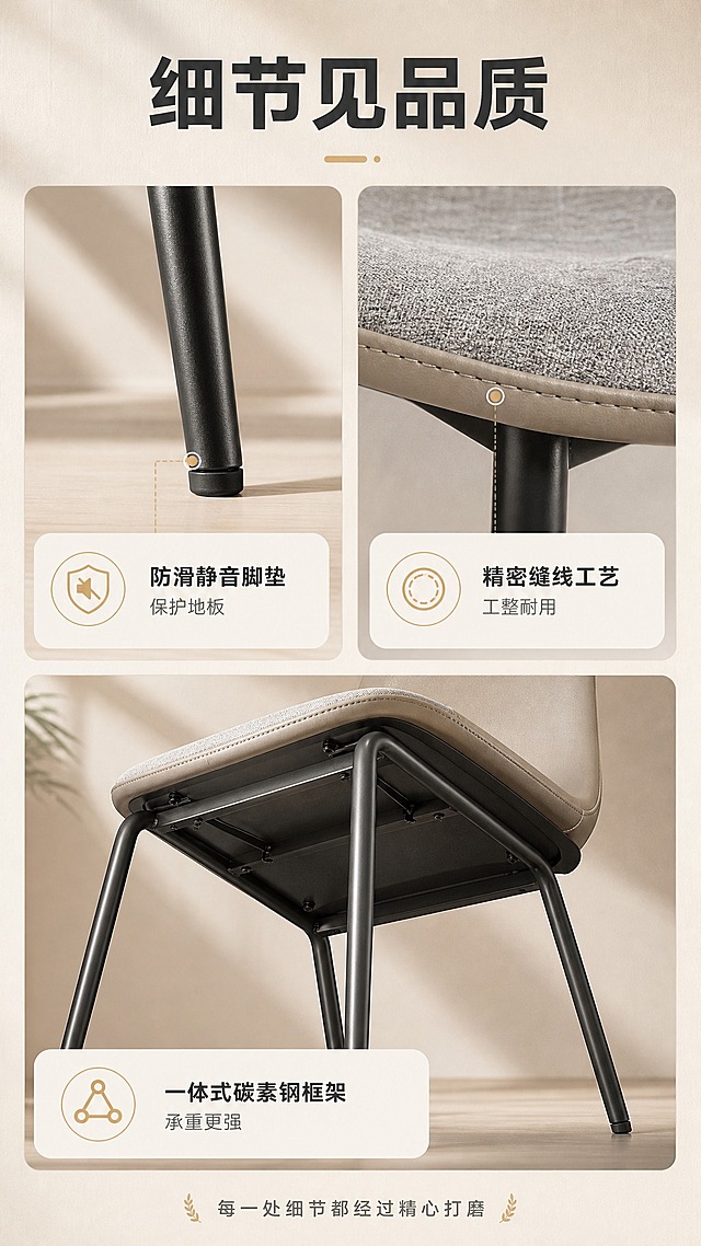[商品] 使用【图1】的现代简约餐椅；保留黑色碳素钢细腿、弧形靠背、座面、整体比例和结构，不改变颜色和材质。
[画面] 目标：细节工艺展示页。三宫格构图，上排两格分别展示椅腿脚垫特写和缝线工艺特写，下排一格展示整体底部结构视角；每格配对应说明标签；产品细节占画面约70%；背景为浅米色质感背景+柔和侧光；阅读动线从上到下、从左到右。
[视觉] 套系策略：风格=现代轻奢家居商业摄影；标题字=现代无衬线粗黑体；正文字=简洁无衬线体；主色=浅卡其米棕；背景延展=基于米棕做深浅层级、同色渐变和细腻墙面/木质质感；强调色=暖金，仅用于小面积图标、引线和标签；标题色=深炭灰；正文色=中暖灰；组件=圆角浅底信息卡、细线引线、胶囊标签；光影=侧前暖柔光，突出细节质感。
[文字] 顶部主标题"细节见品质"；左上格标注"防滑静音脚垫 保护地板"；右上格标注"精密缝线工艺 工整耐用"；下方格标注"一体式碳素钢框架 承重更强"；底部加一行小字"每一处细节都经过精心打磨"。
[规格] 图片比例9:16竖版，4K，避免变形、错字、文字过小、冷蓝/蓝灰背景、细节模糊。