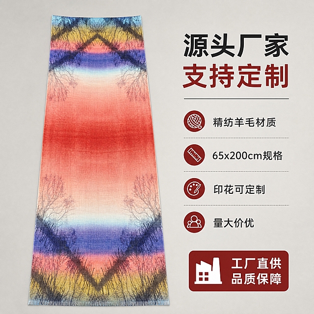 [主图-5] 精纺羊毛印花围巾平铺展示+源头工厂定制信息，突出产品全貌和B端供货能力。
[统一基调] 1688 B端源头工厂风格，高级质感，柔和均匀光线，浅灰色平整背景，整体专业简洁，突出源头厂家实力和定制服务。
[画面] 红橙渐变树林印花精纺羊毛围巾完整平铺展开，正面朝上，65x200cm长方形完整展示，整体印花图案清晰可见：两端对称的树林剪影图案，中间红橙渐变过渡，色彩从红色到橙粉到蓝紫渐变自然。围巾边缘短流苏整齐，面料平整。画面右侧或下方用简洁图标+文字形式展示源头工厂优势信息。背景为简洁浅灰色，突出产品本身。
[光影质感] 均匀柔和的顶光，围巾平铺平整无褶皱，色彩还原准确，印花清晰，整体干净专业，符合1688工厂供货展示风格。
[配色] 背景浅灰色专业调，围巾红橙蓝紫渐变印花，文字深灰色+暗红色强调色。
[文字版式] 顶部主标题「源头厂家 支持定制」，下方分点列出：「精纺羊毛材质」「65x200cm规格」「印花可定制」「量大价优」。右下角标注「工厂直供 品质保障」。字体为简洁无衬线体，主标题粗体大号，分点文字中号，整体排版清晰专业，符合B端采购决策需求。
[输出要求] 1:1正方形比例，产品清晰完整，文字清晰易读，无变形，无错字，无水印，无平台Logo，无杂乱元素。