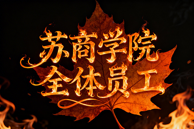 用跃动火焰组成的大字“苏商学院全体员工”，字体风格为优雅花体，火焰沿着花体笔画蜿蜒舞动，颜色为橙色，背景为黑色，以衬托火焰的明亮与跃动感，突出秋叶字效设计的独特魅力。
