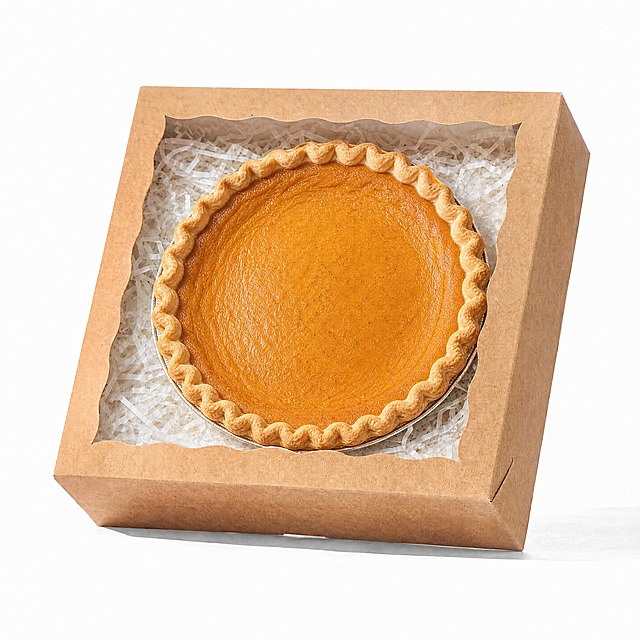 在盒子开窗内的白色拉菲草上放置一个大的南瓜派(Pumpkin Pie)，色泽诱人，表面有细腻的派皮纹理和南瓜馅的金黄色泽，看起来新鲜美味。严格保留原图的牛皮纸棕色纸盒外形、开窗波浪形边缘、白色拉菲草、白色背景、光线、光影、色调、材质、构图、景深完全不变，保持真实商业摄影质感，高清，无畸变，产品质感与原图一致，不要重绘整张图，只在开窗内的拉菲草上添加南瓜派，盒子和背景完全不变