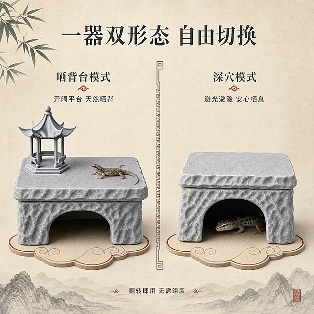 [主图-2] 一器双形态功能卖点图，核心任务是展示产品可自由切换两种使用形态的独特卖点。
[统一基调] 新中式东方美学风格，整体米白暖灰主色调，搭配深墨绿与赭石红点缀，营造雅致禅意的中式园林氛围；标题用宋体风格衬线字体，端庄大气，辅助文字用简洁细黑体；画面元素有竹叶剪影、山石纹理、宣纸质感背景，整体高级有设计感。
[画面] 画面采用左右分栏构图，左侧展示「晒背台形态」，右侧展示「深穴躲避形态」，中间用中式回纹分隔线隔开；左侧青灰款「烟岚亭」产品完整展示，亭台朝上，突出上层开阔晒背平台，旁边有一只小型蜥蜴剪影趴在平台上晒太阳；右侧同款产品倒置或翻转展示，突出下层宽敞深穴空间，洞穴内有守宫剪影蜷缩栖息；背景为浅米色宣纸质感，底部有连绵的淡墨山形轮廓；两个形态下方各有一个中式云纹底座托举产品。
[光影质感] 商业摄影级质感，左右两侧均有柔和侧光，产品磨砂质感与岩石纹理清晰，两个形态光影统一自然，无悬浮感。
[配色] 主背景米白暖灰色，辅助色深墨绿、赭石红，标题字色深炭灰，分隔线与装饰元素深褐色，整体统一中式素雅配色。
[文字版式] 顶部居中主标题「一器双形态 自由切换」，宋体大字；左侧形态上方标注「晒背台模式」，下方小字「开阔平台 天然晒背」；右侧形态上方标注「深穴模式」，下方小字「避光避险 安心栖息」；底部中间有小字「翻转即用 无需组装」；文字均放在负空间，不遮挡产品主体。
[输出要求] 1:1正方形比例，2K分辨率，产品清晰不变形，两种形态结构准确，文字清晰可读；负向：禁止变形、错字、模糊、杂乱、水印、平台Logo、卡通风格、产品颜色偏差。