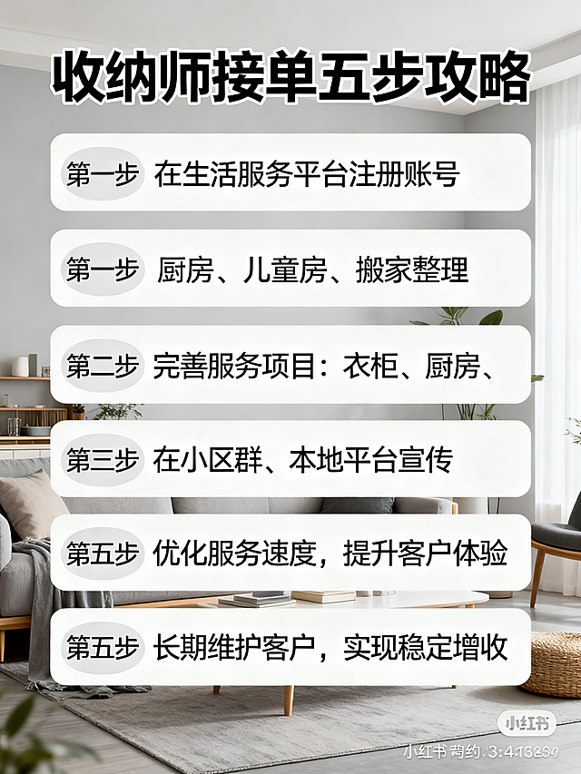 小红书内容图文，简约图文排版，清晰展示收纳师接单步骤文案：第一步：在生活服务平台注册账号；第二步：完善服务项目：衣柜、厨房、儿童房、搬家整理；第三步：在小区群、本地平台宣传；第四步：优化服务速度，提升客户体验；第五步：长期维护客户，实现稳定增收。背景搭配简约家居图片，清晰易读，3:4比例